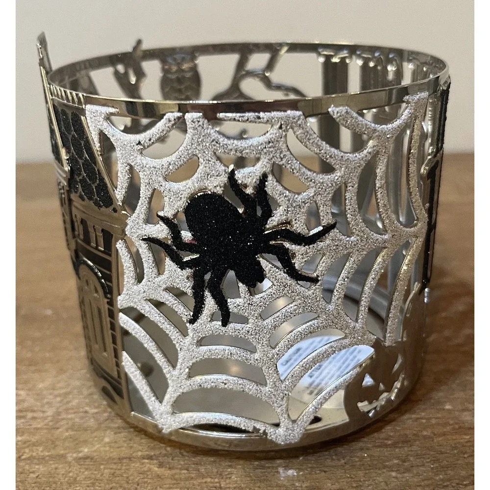 BBW Halloween Haunted House 3‎ Wick Candle Holder Sleeve Glitter Ghost Spider